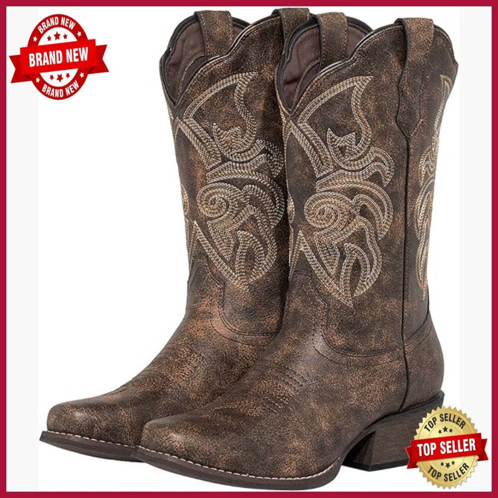 Women's Square Toe Cowboy Boots Wide Calf Distressed Western Mid Calf